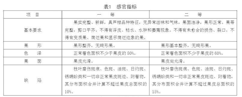 蘆柑放冷庫前等級(jí)劃分標(biāo)準(zhǔn)